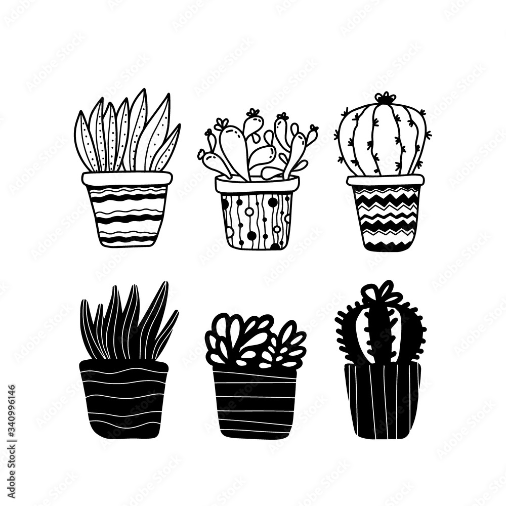 Set of cute hand drawn house plants in pots in doodle cartoon style ...
