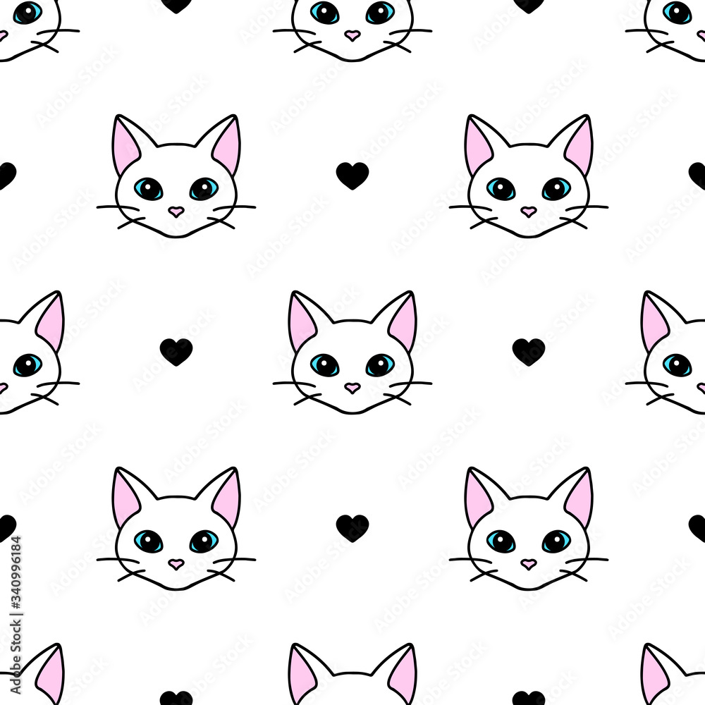 Seamless pattern with cute black and white cat heads. Texture for wallpapers, stationery, fabric, wrap, web page backgrounds, vector illustration
