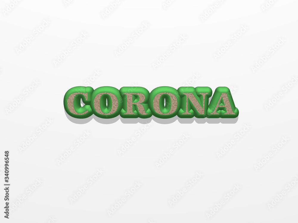 CORONA written by individual letters on the wall by 3D rendering using a white background and casting shadow from top light CORONA written by individual letters on the wall by 3D rendering using a white background and casting shadow from top light