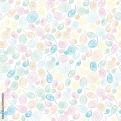 Seamless Endless Funny Sweet Background Pattern of Swirls and Curls. Gift Wrapping or Invitation Template. Hand Drawn Doodle Style Craft Backdrop. Blue, Yellow, Pink, Green, White.