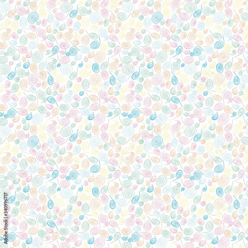 Seamless Endless Funny Sweet Background Pattern of Swirls and Curls. Gift Wrapping or Invitation Template. Hand Drawn Doodle Style Craft Backdrop. Blue, Yellow, Pink, Green, White.