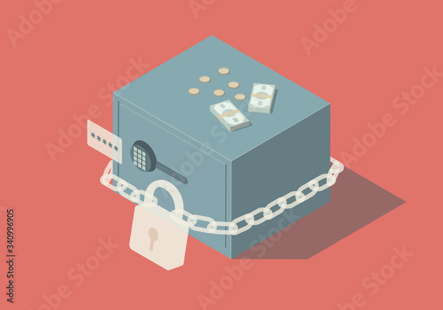 Isometric illustration with safe, chain and money.