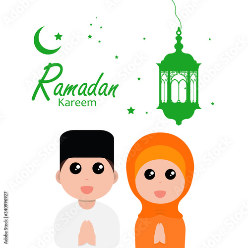 flat illustration ramadan background with ramadan kareem cartoon character design