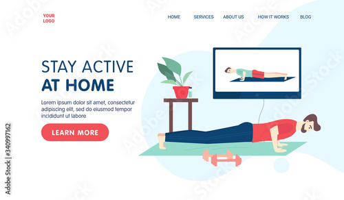 Fitness online class landing page template concept. Man doing fitness at home in online classes using his TV screen. Vector flat cartoon illustration