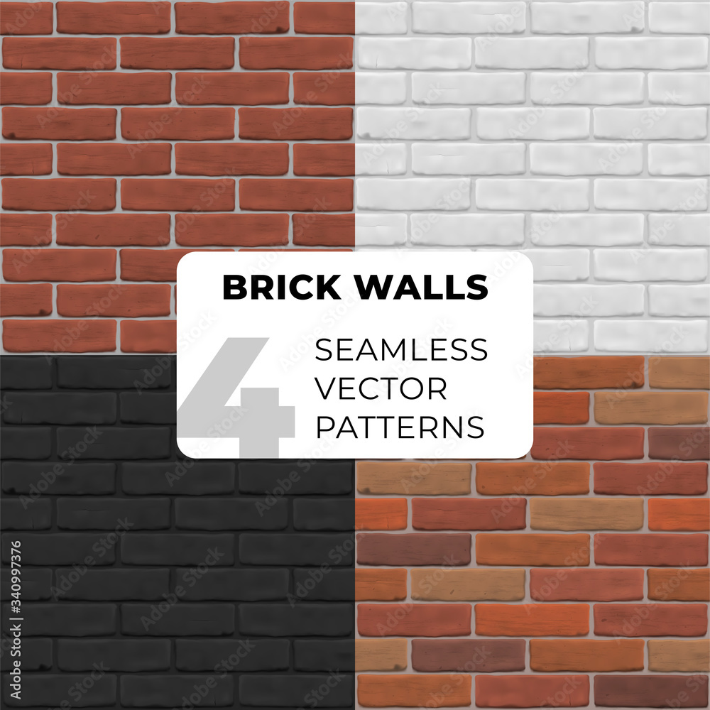 Brick walls seamless vector pattern. Brown, white, red, black stone texture for banner, interior, website, 3D, game, design, background. Set of photorealistic close up. Brick walls seamless vector pattern. Brown, white, red, black stone texture for banner, interior, website, 3D, game, design, background. Set of photorealistic close up.