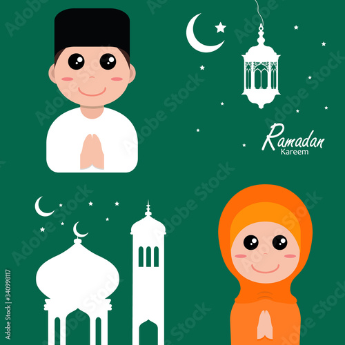 flat illustration ramadan background with ramadan kareem cartoon character design