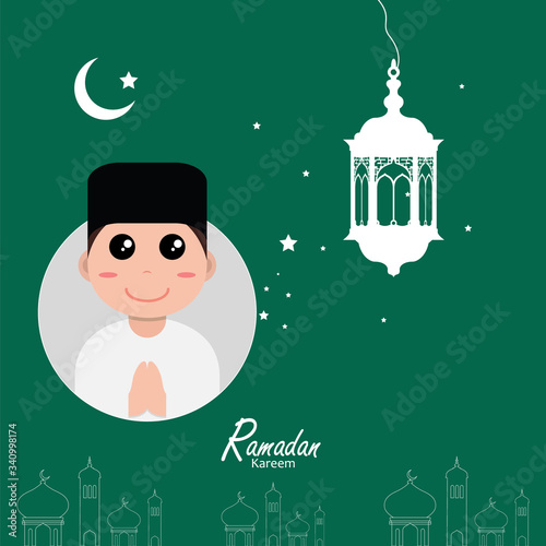 flat illustration ramadan background with ramadan kareem cartoon character design