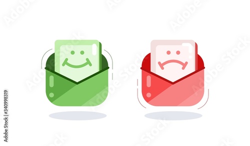 Two cartoon colorful mail envelope with smiley bad and good news isolated on white background. Emoji web smile and sad letter message vector graphic illustration. Icon with different emotions