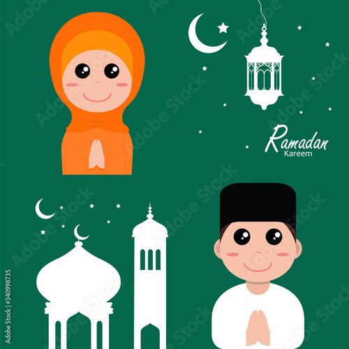 flat illustration ramadan background with ramadan kareem cartoon character design