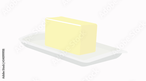 Bar Of Butter On White Plate, Vector Illustration, Isolated 