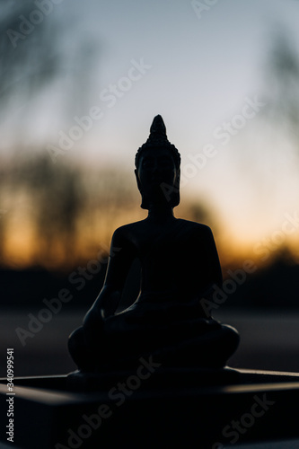 Silhouette of Buddha  Buddhist shadow with wisdom enlighten light spread.