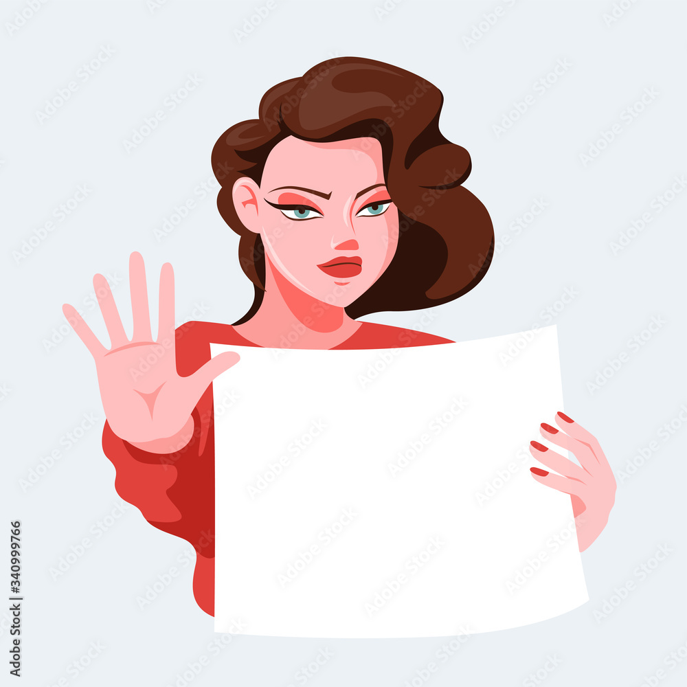 Beautiful cartoon woman holding blank banner showing palm isolated on white background. Protest independent female making boycott gesture template with place for text vector graphic illustration