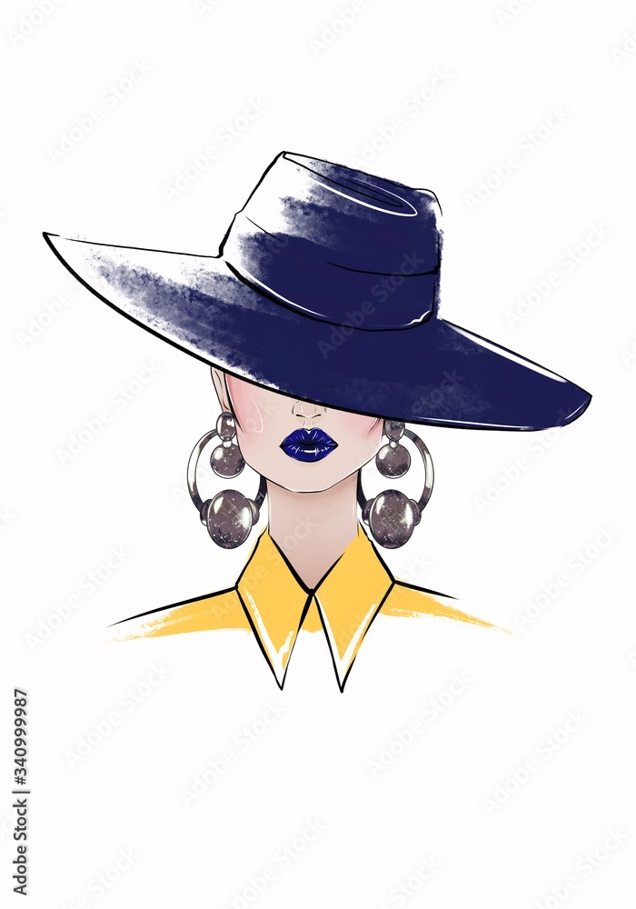 illustration sketch of a woman in a blue hat covering her eyes with big earrings and blue lips illustration sketch of a woman in a blue hat covering her eyes with big earrings and blue lips