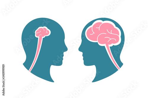 Cartoon colorful human smart stupid head vector flat illustration. Transparent male profile with small and big brain isolated on white background. Dialogue of different clever condition silhouette