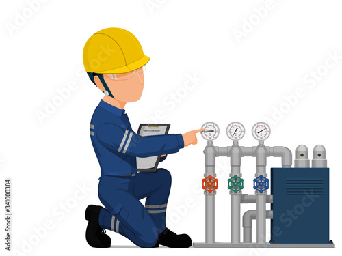An industrial worker is checking the pressure in the piping system.