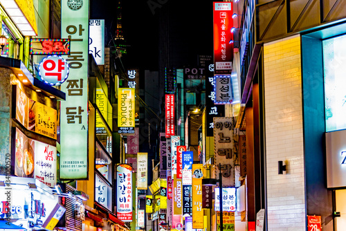 Neon lights in the night of the city of Seoul in South Korea