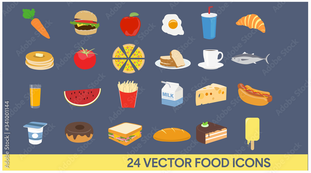 Set of Vector illustration Icons. Food: vegetables, fast food, drinks, fish and fruits.