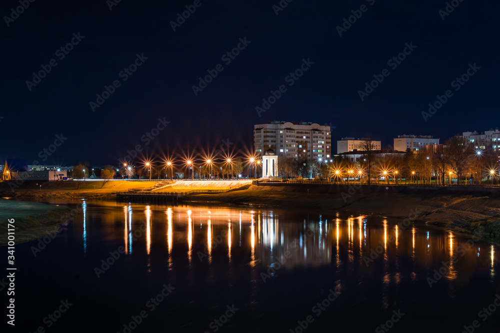 Amazing view of the night city of Mogilev across the Dnieper River. Belarus