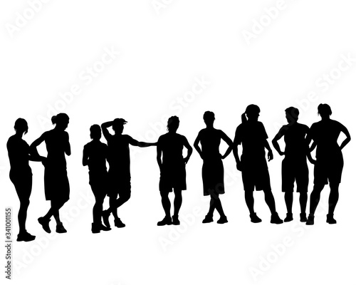 Crowds young people on street. Isolated silhouette on a white background