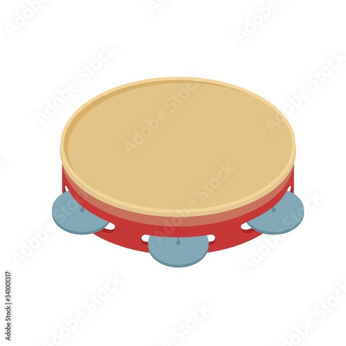 Cartoon colorful tambourine hitting musical instrument isometric vector graphic illustration. Samba drum symbol isolated on white background. Creating music at carnival party