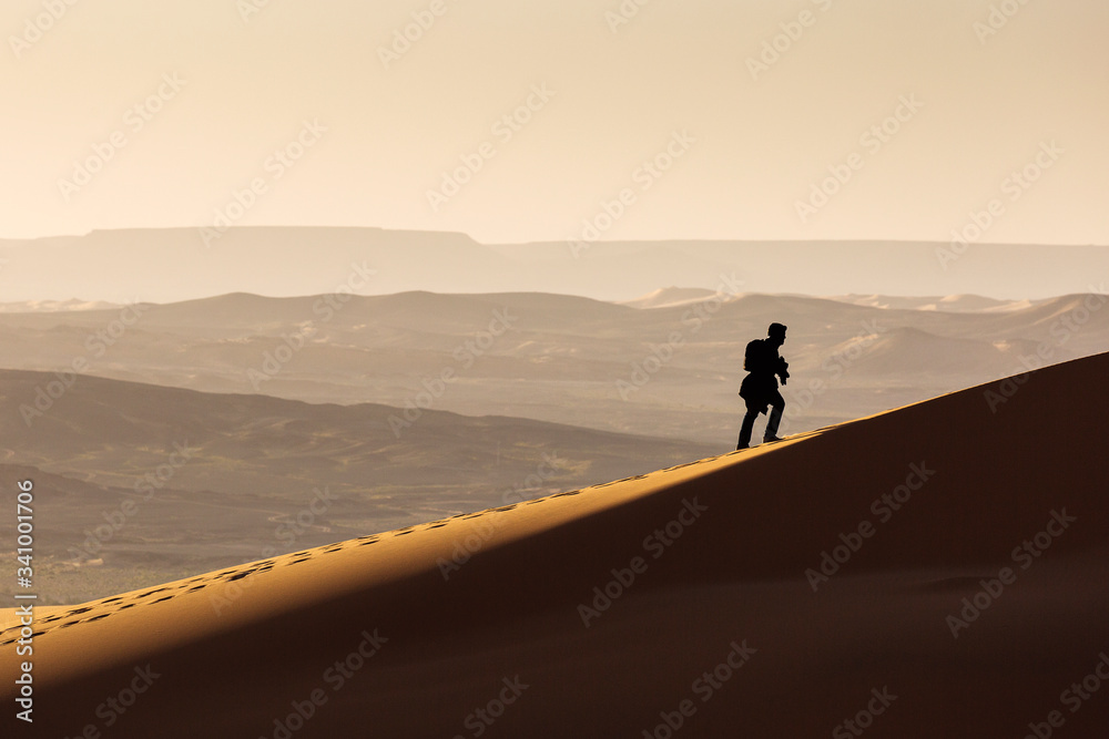 Man walking on dunes of Desert Sahara with beautiful lines and colors at sunrise. Merzouga, Morocco