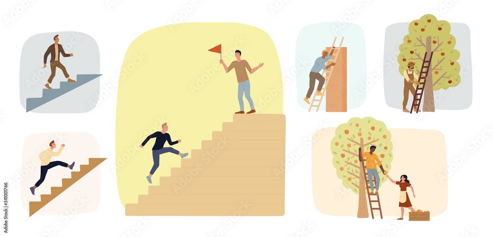 Big set of men climbing up stairs. Farmers using ladders to gathering fruit harvest. Achieving ambitions, desire for power, career growth. Vector flat business, agriculture illustrations collection.
