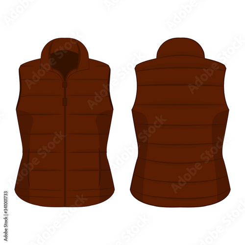 Brown winter zipped vest isolated vector on the white background
