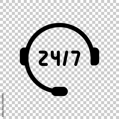 Call or support center, 24 and 7. Black symbol on transparent background