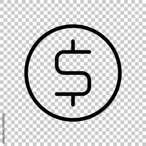 Dollar coin, money sign, outline design. Black symbol on transparent background