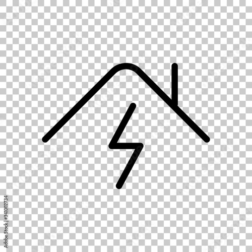 House and lightning, home energy, outline design. Black symbol on transparent background