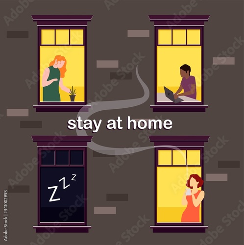 Stay at home vector. People in windows staying home