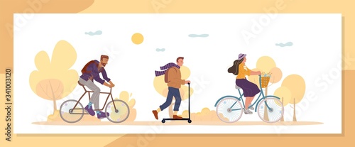 People eco transportation in autumn. Active healthy lifestyle. Man woman different age moving by eco-friendly kick scooter, bicycle. Ecology environment. Cycling, fitness exercises. Park, countryside