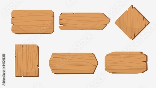 Set of cartoon wood badge banner vector graphic illustration. Collection of various shape wooden sign board isolated on white background. Rustic vintage signboard isometric style with place for text