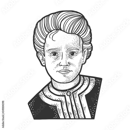Marie Curie portrait sketch engraving vector illustration. T-shirt apparel print design. Scratch board imitation. Black and white hand drawn image.