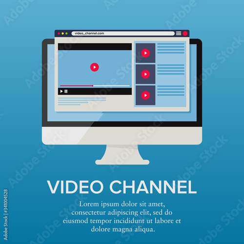 Flat vector illustration of a computer screen showing a video browser page. Suitable for promotion of the latest video channels, advertisements, and information from a video site. Web page for video.
