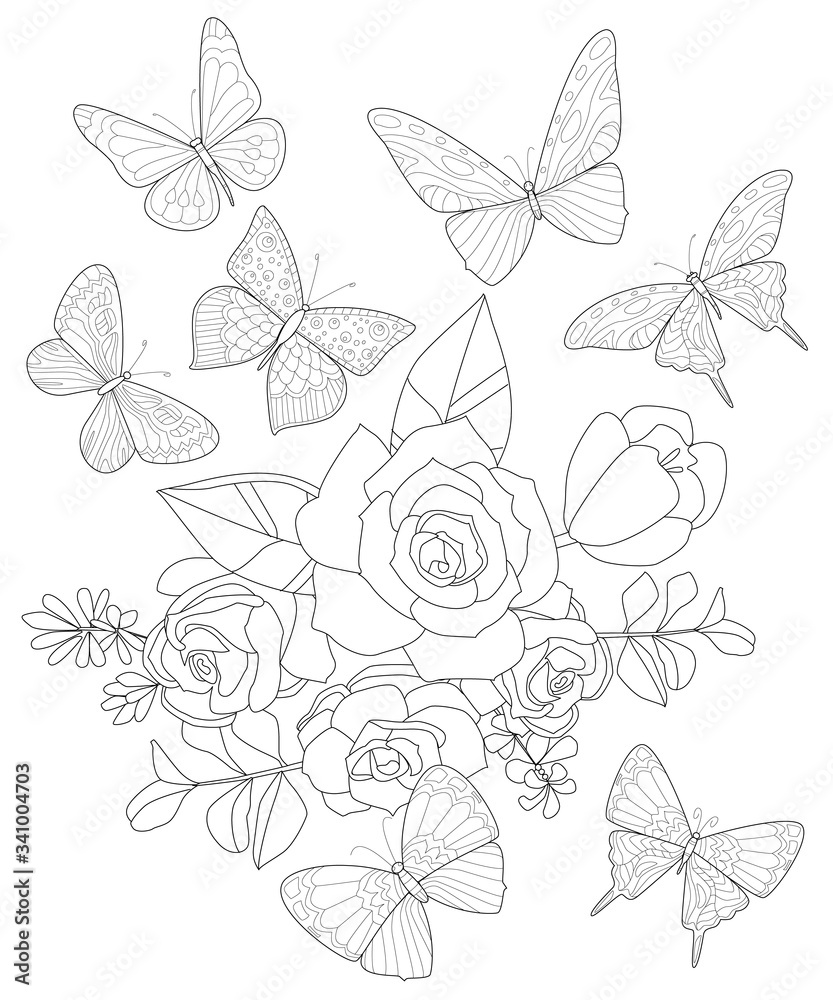 bouquet of roses, flowers and leaves with flying butterflies aro