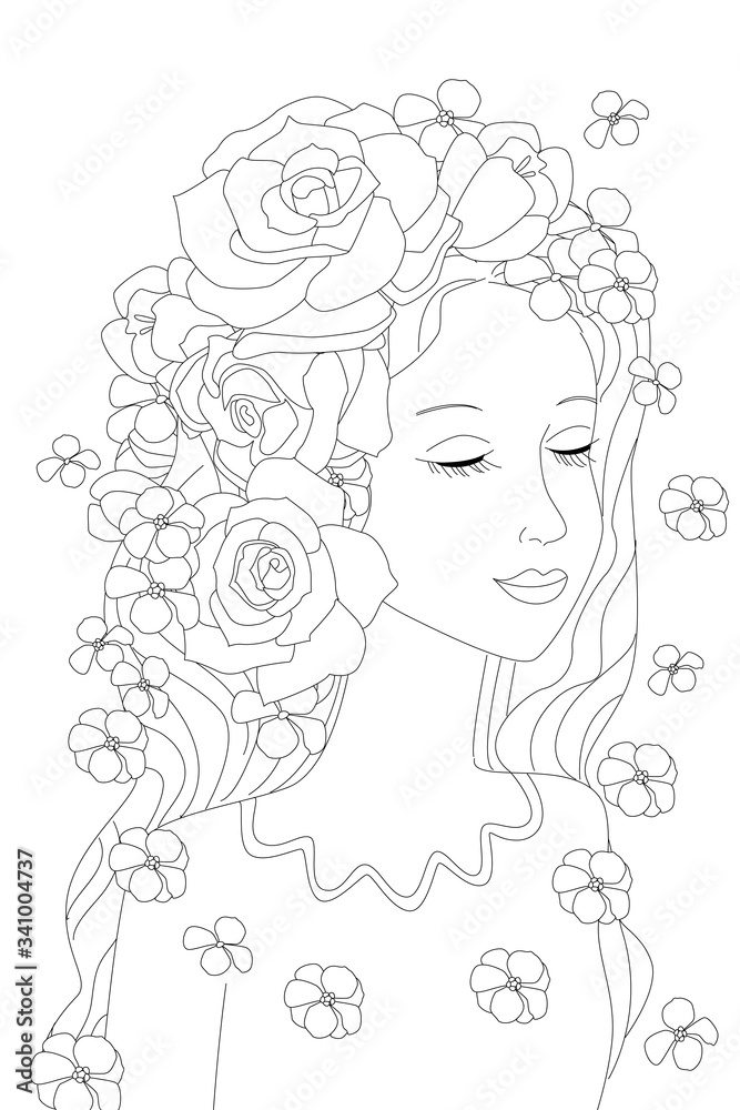 charming calm girl with roses in her wavy long hair standing wit