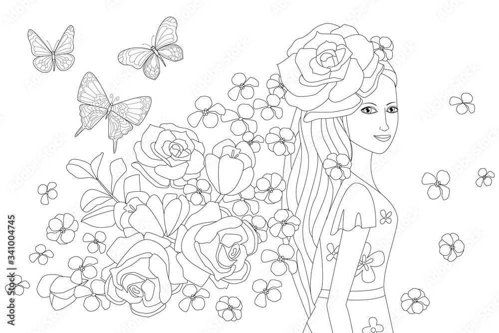charming smiling girl with rose in her wavy long hair looking ov