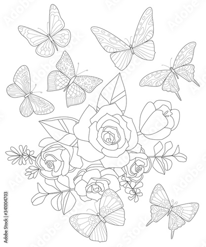 bouquet of roses  flowers and leaves with flying butterflies aro