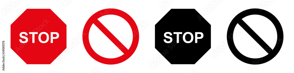 Red and Black stop sign , icons vector illustration. Prohibition Sign. Flat design. Prohibition signs on a white background Red and Black stop sign , icons vector illustration. Prohibition Sign. Flat design. Prohibition signs on a white background
