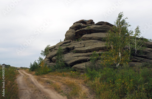 The landscape with the ground road, yellow and green grass, the big grey fantastic rock with small trees in cloudy summer day