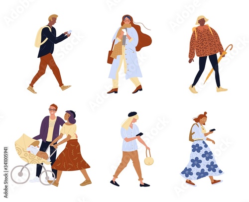 Bundle of walking people, family. Mother, father strolling baby in pram. Young girl boy diverse nation networking, messaging via smartpone. Female teenager holding umbrella. Character isolated set