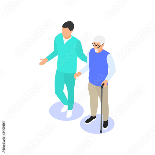 Medical staff helps an elderly man with a cane to move around.
