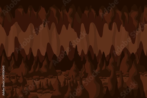 Mystery colorful cave tunnel landscape background. Structure of natural rock formation stalactites and stalagmites backdrop. Cartoon fantasy indoor mountain scenery. Underground cavern with stone