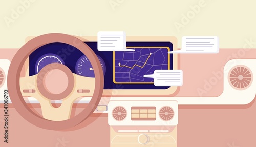 Cartoon car navigation cockpit infographic smart driving assistance vector flat illustration. Colorful modern device gps navigation system on dashboard screen. Automobile application board