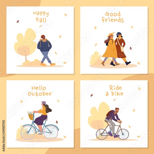 Happy fall people enjoy outdoor activities card set. Good friends meeting. Man woman riding bike in park. Hello cold october greeting. Citizen dwellers walking, cycling under defoliation. Falling leaf