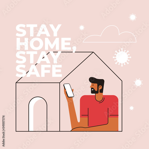 Man stays at home during a virus outbreak vector illustration. Communication via smartphone at self-isolation during quarantine. Social distance and infection prevention.