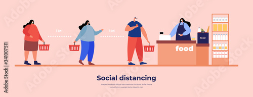 People in the store keep a distance in line to the checkout vector illustration. Social distance and prevention of infection during the epidemic. Space control for safety against viral infections.