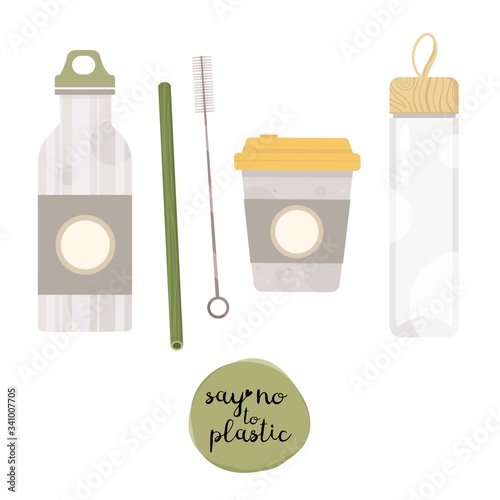 Zero waste lifestyle elements - vacuum flask, glass bottle, cultery. Vector cute illustration. Reusable and recyclable eco items. Plastic free. Go green.