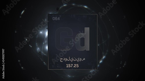 Gadolinium as Element 64 of the Periodic Table. Seamlessly looping 3D animation on silver illuminated atom design background orbiting electrons name, atomic weight element number in Arabic language photo